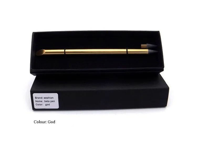 Silver inkless metal pen with 0.5mm alloy nib, spare nib, and pen bag on a table.