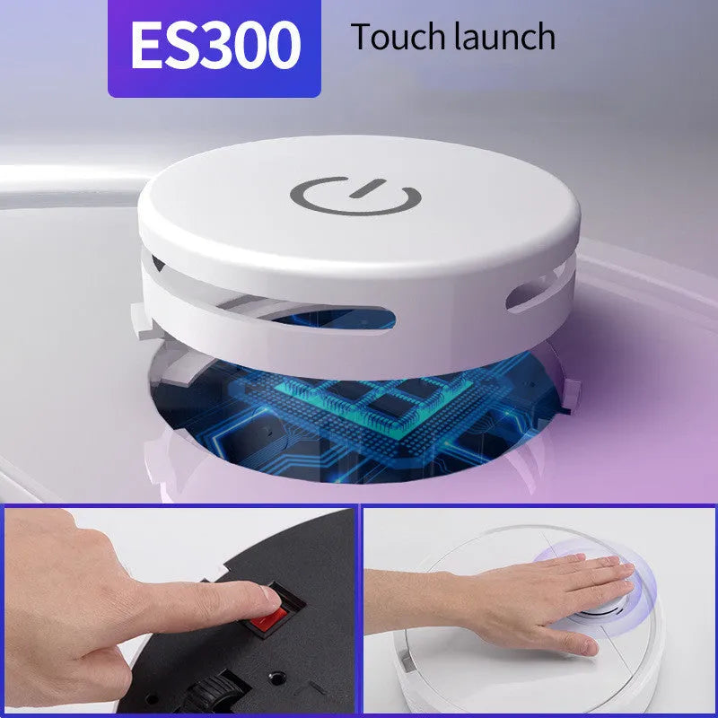 Low-profile automatic sweeping robot on a hard floor.