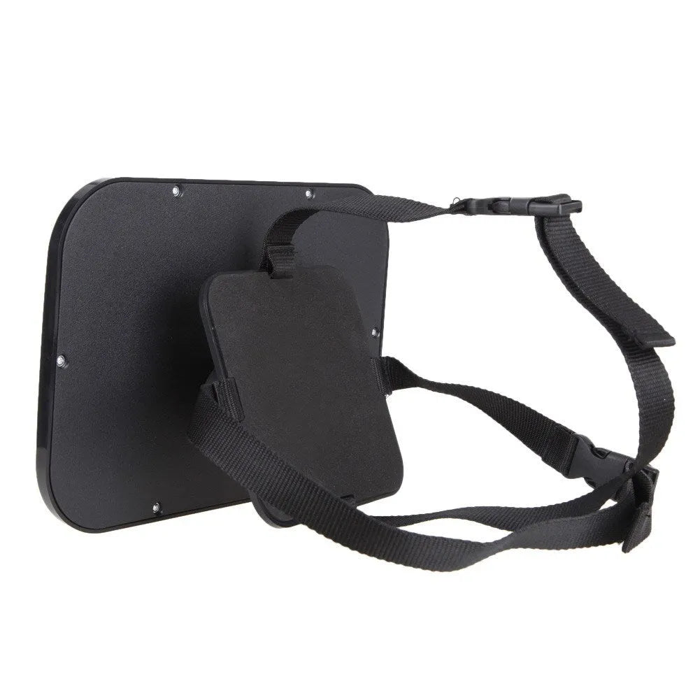 Black baby rear view mirror attached to car headrest with adjustable strap and wide rectangular shape