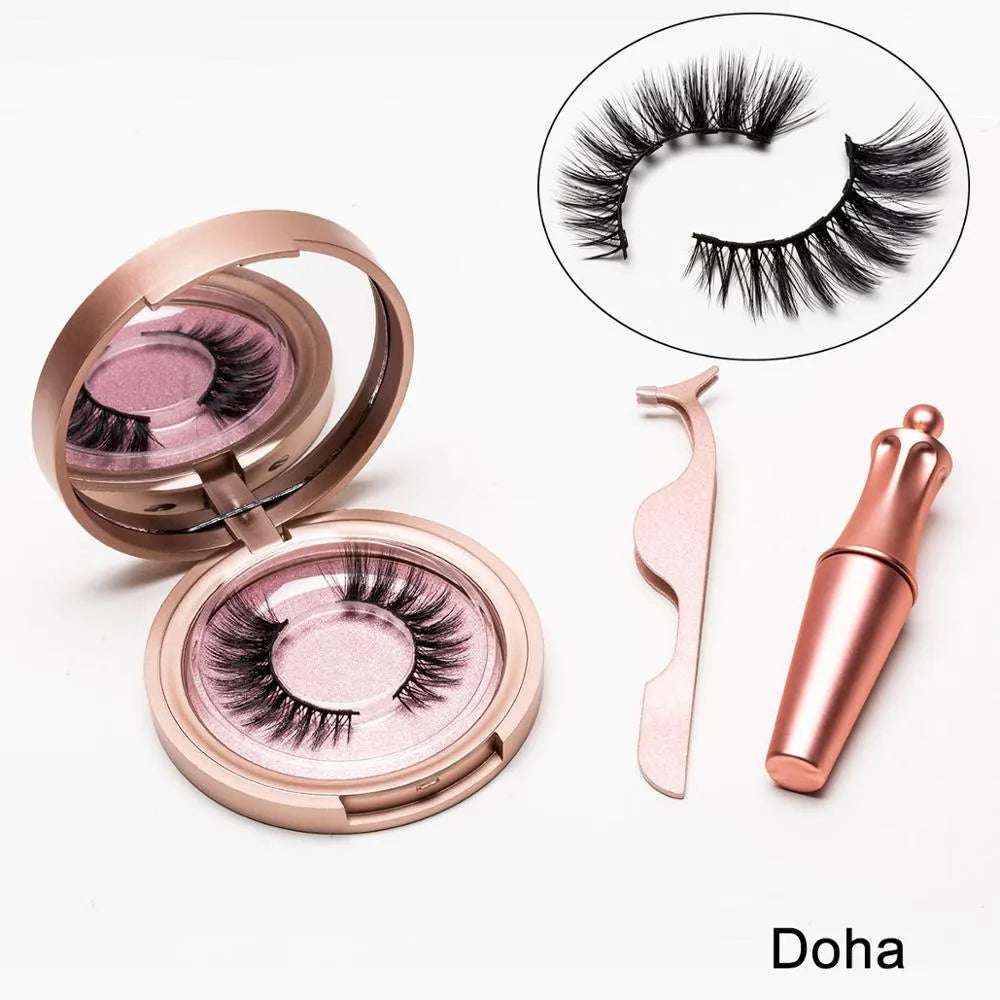 Magnetic eyeliner and false eyelash set with 5 pairs faux mink lashes, applicator tweezers, and storage case with mirror