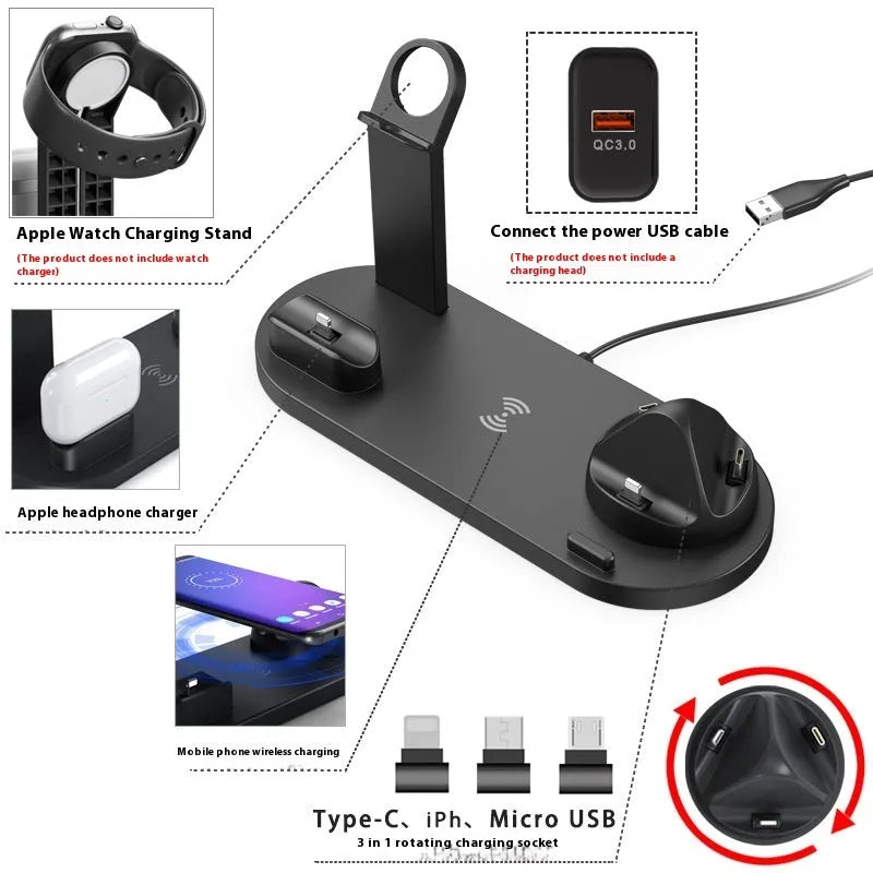 Universal wireless charging stand for mobile phone, smartwatch and headphones in black colour
