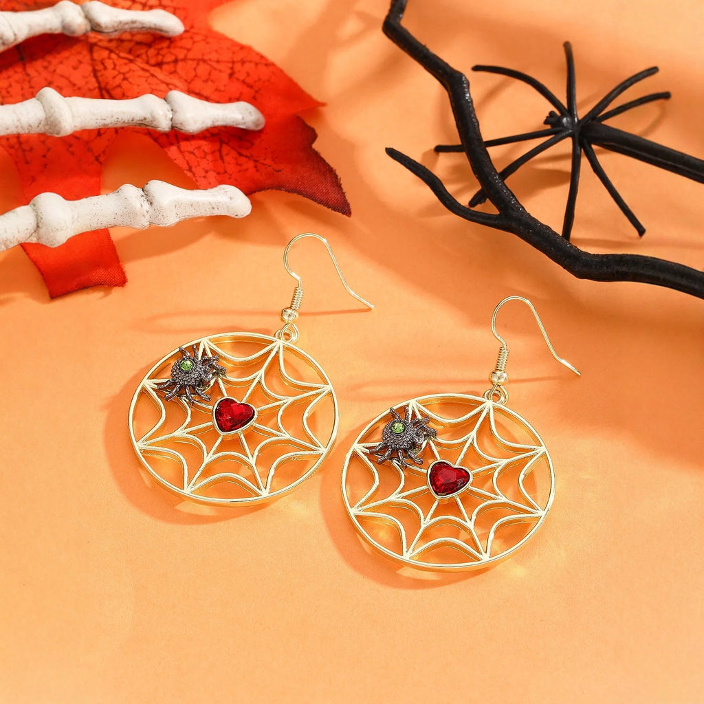 Silver colour spider web spider pendant dangle earrings