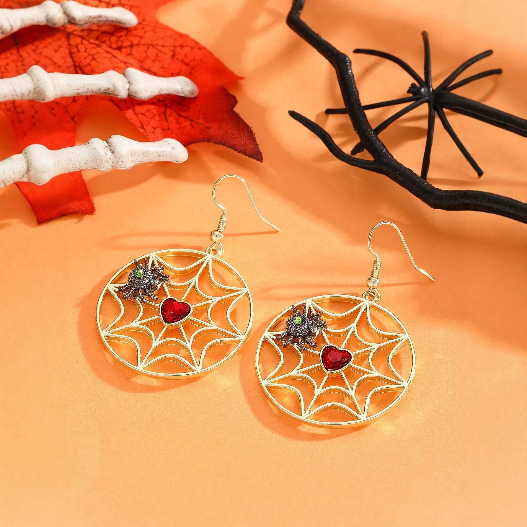 Silver colour spider web spider pendant dangle earrings