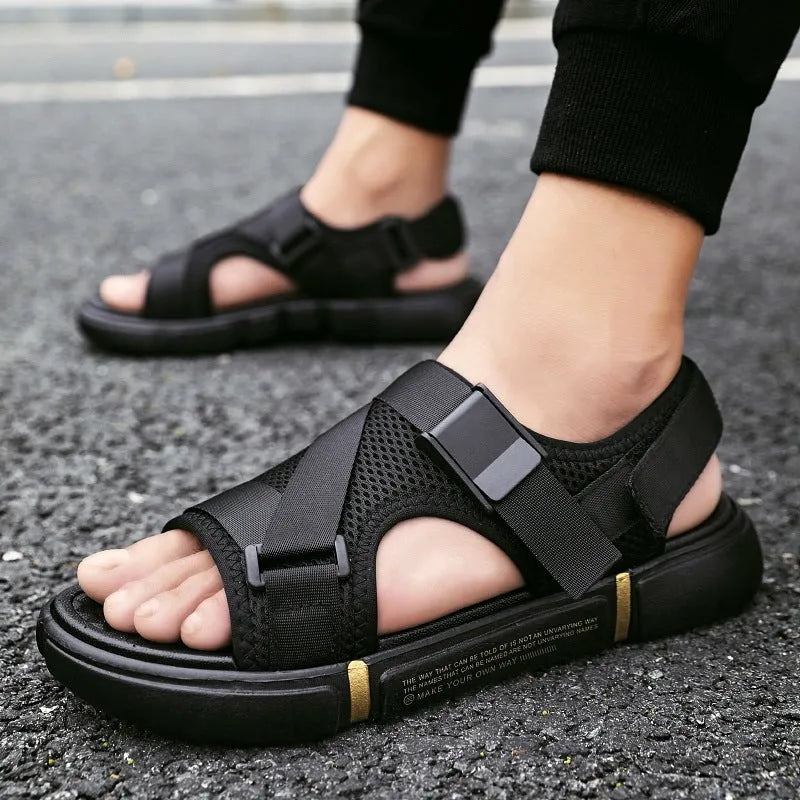 Men's black Velcro open toe beach sandals on a light surface, sizes 39-44