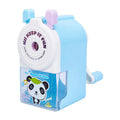 Blue geometric animal cartoon manual pencil sharpener on a desk.