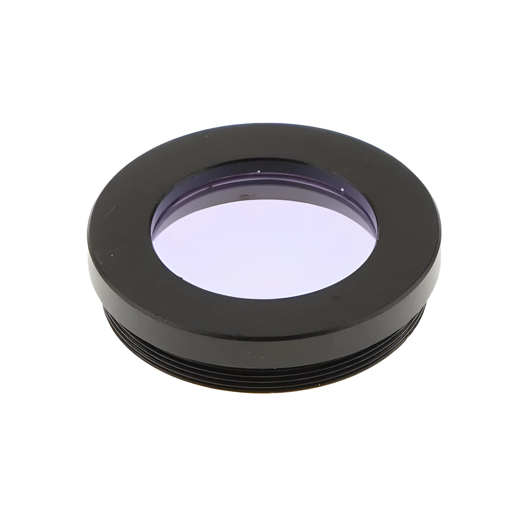 Set of six telescope eyepiece colour filters: green, blue, red, yellow, purple, black on white background