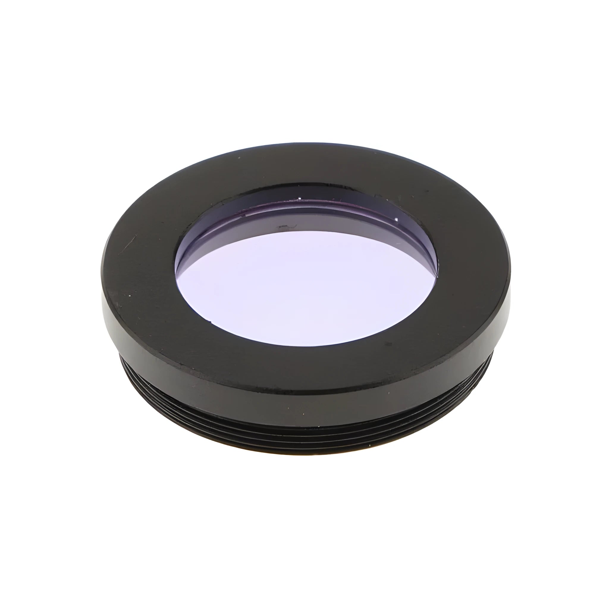 Set of six telescope eyepiece colour filters: green, blue, red, yellow, purple, black on white background