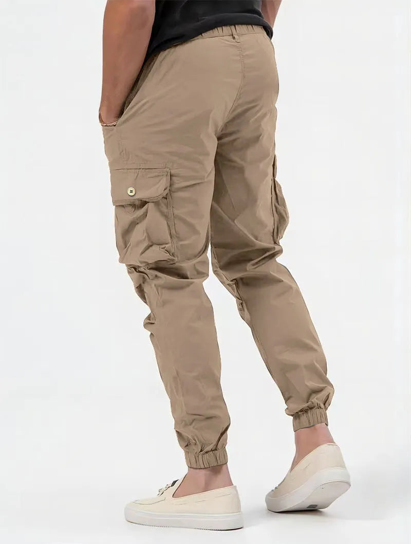 Men's cargo trousers with three-dimensional pockets and zip decoration in grey, khaki, black or military green, sizes S to 3XL