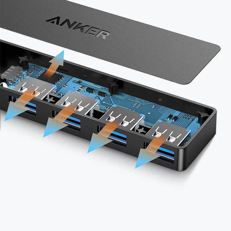 Black Anker 4-port USB 3.0 hub with attached cable, dimensions 30x107 mm.