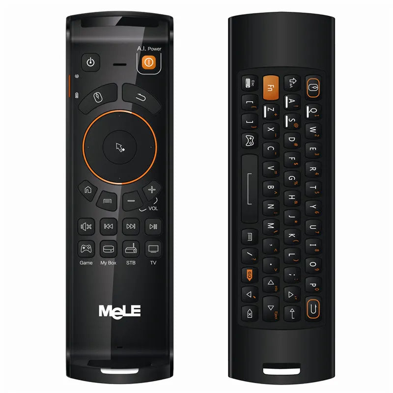 Black Mele F10 Deluxe wireless air mouse remote control with QWERTY keyboard and directional pad.