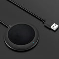 Black USB video conference microphone with zinc alloy shell and metal mesh cover, 70mm diameter, 15mm thick, 2m cable