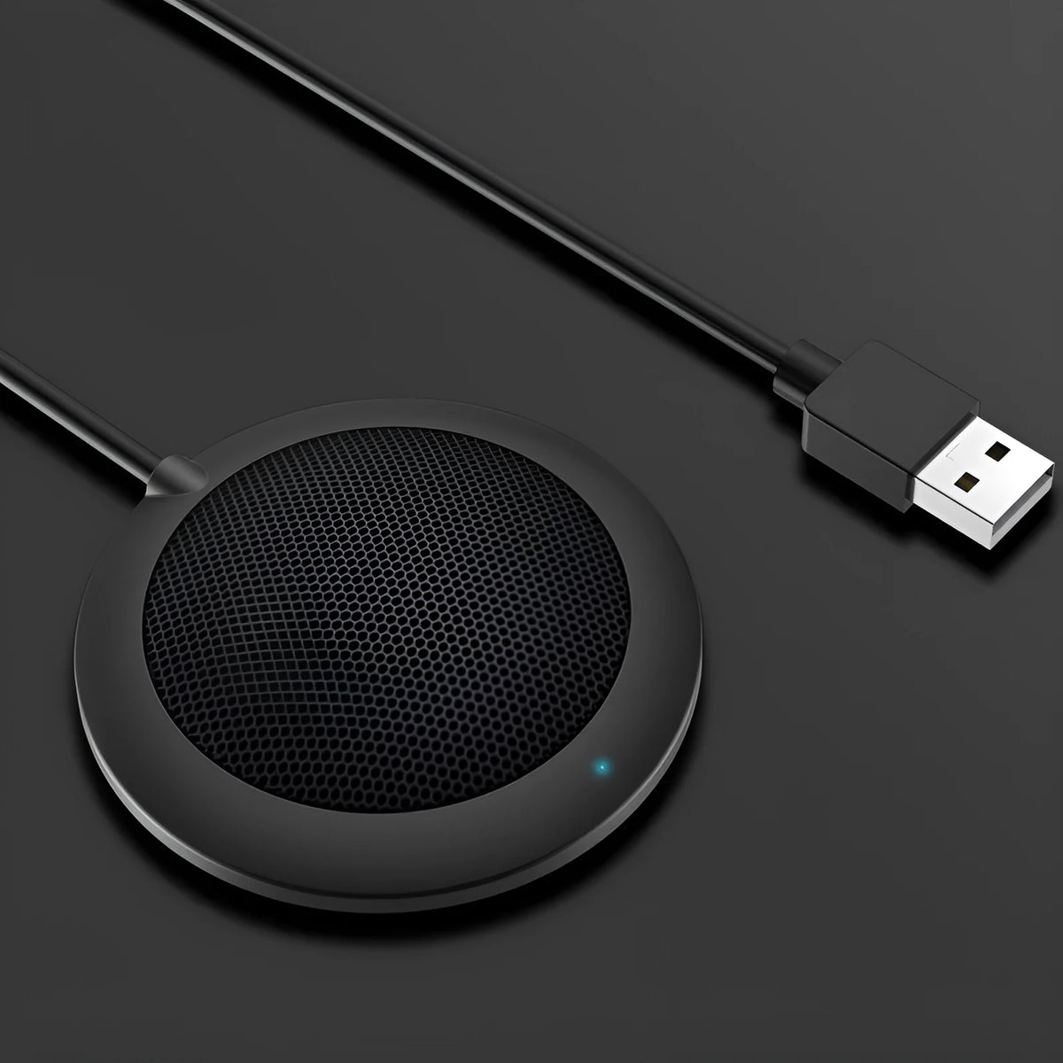 Black USB video conference microphone with zinc alloy shell and metal mesh cover, 70mm diameter, 15mm thick, 2m cable