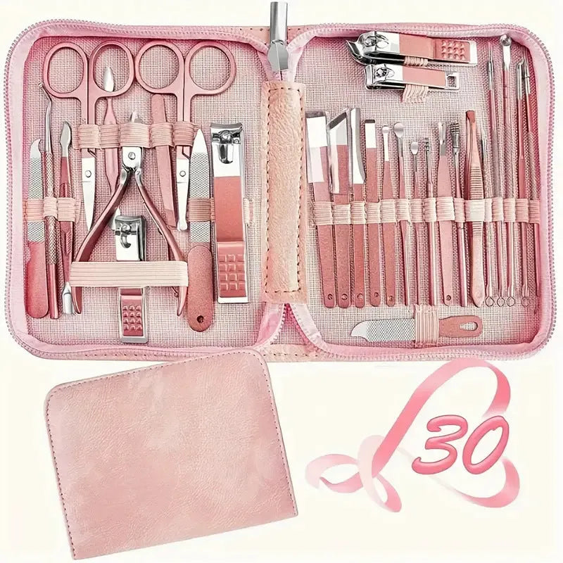 30-piece stainless steel nail beauty tool set in choice of five colours