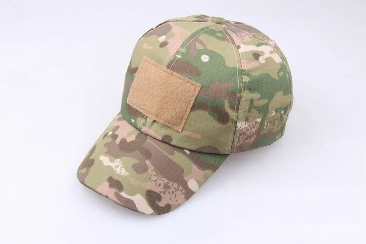 Velcro camouflage baseball cap with embroidered patch on polyester twill fabric, one size