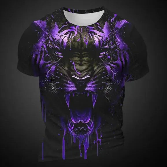 Men's grey T-shirt with a large, detailed 3D tiger head print on the front.