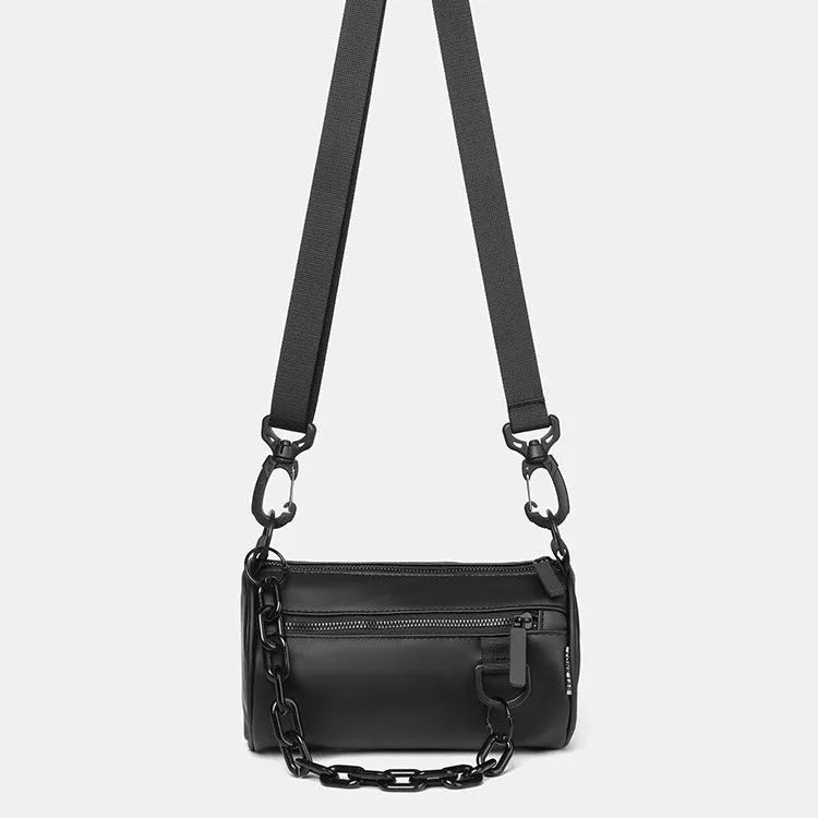 Oxford cloth crossbody messenger bag with chain details in black, grey, or orange colour.