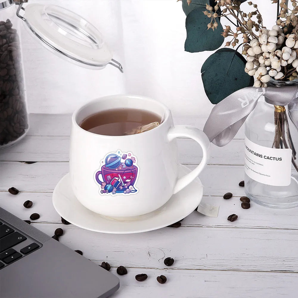 Colourful tea cup graffiti design waterproof stickers, 50-piece pack for DIY personalisation.