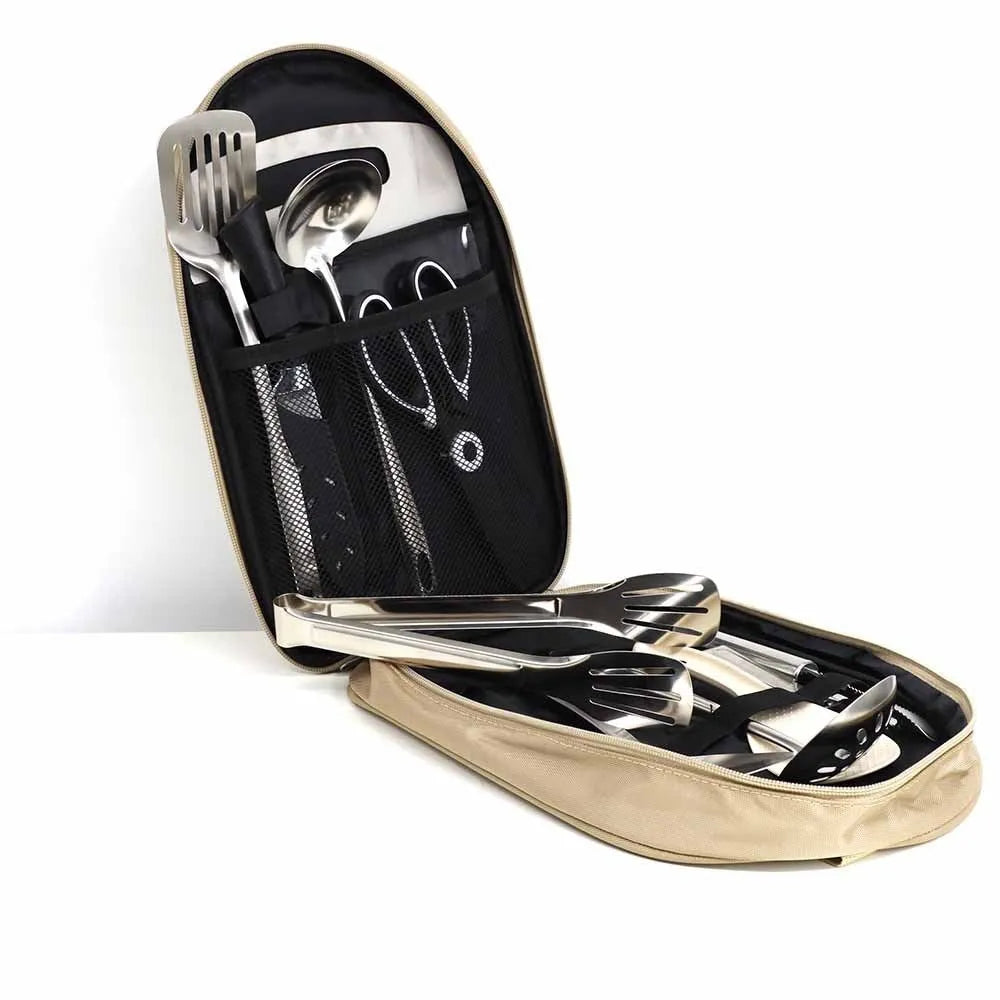 Portable picnic kitchenware storage bag containing 12 stainless steel pieces.