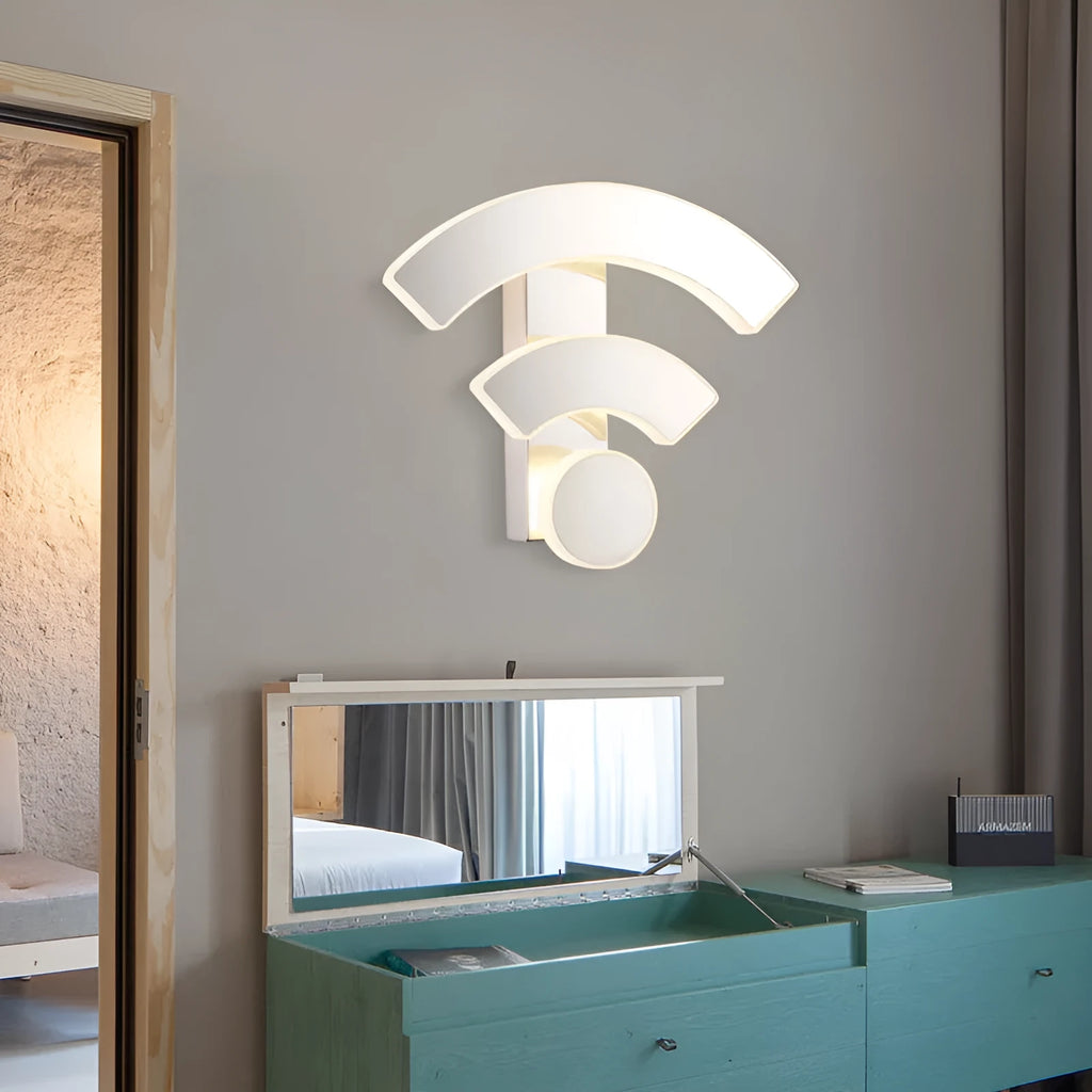 White acrylic WIFI-shaped LED wall light with warm white light on a beige wall