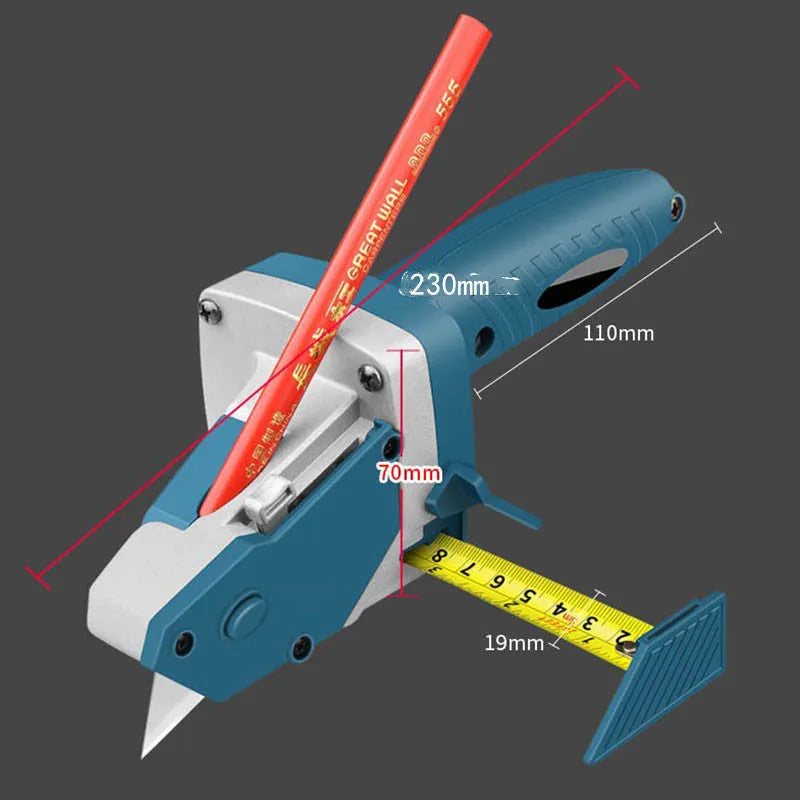 Blue multifunctional woodworking cutter with one-press lock and measuring scale for cutting boards.