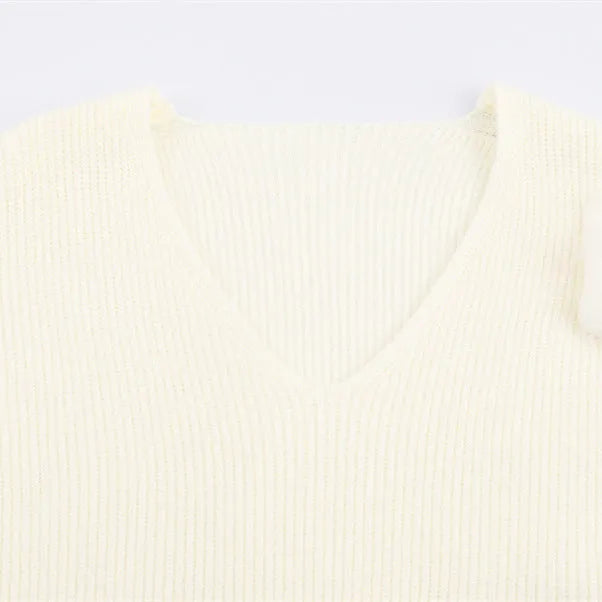 Casual V-neck cuff furry knitted dress for women in white – straight cut long sleeve style