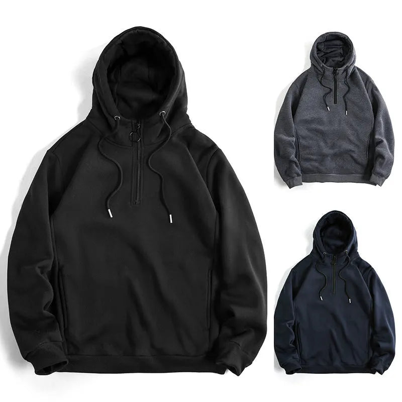 Men's loose casual solid color hoodie pullover in dark gray, black, or navy blue, sizes S to 2XL.