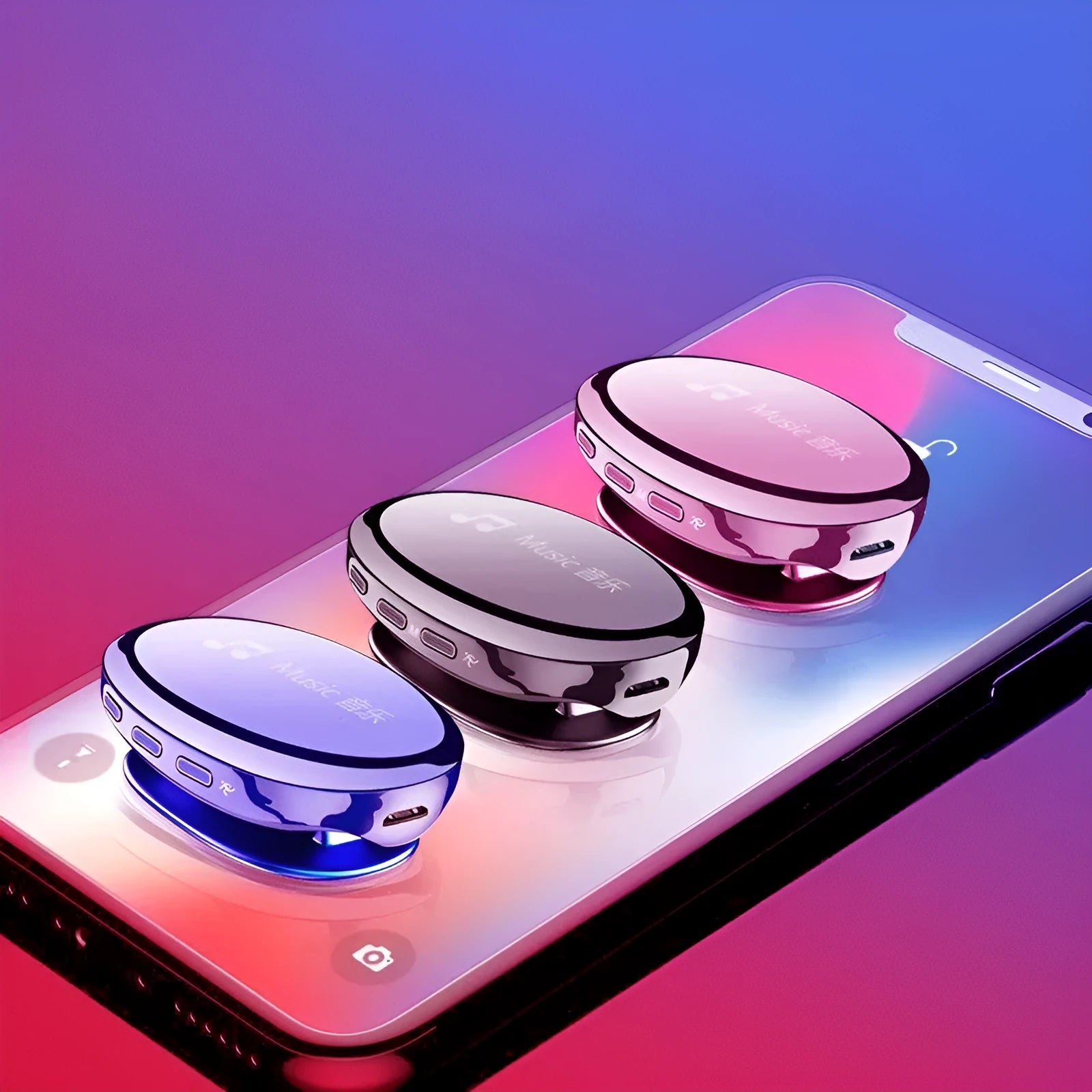 Blue Bluetooth MP4 music player with OLED screen showing track info, next to black and rose gold colour options.