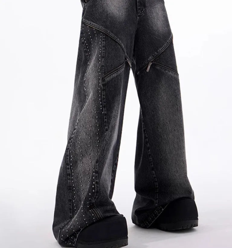Korean style washed denim two-piece set with wide leg pants and matching waistcoat in black and grey