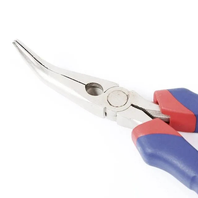 Blue-handled curved nose pliers with a double-colour sleeve grip and a tapered bent tip.