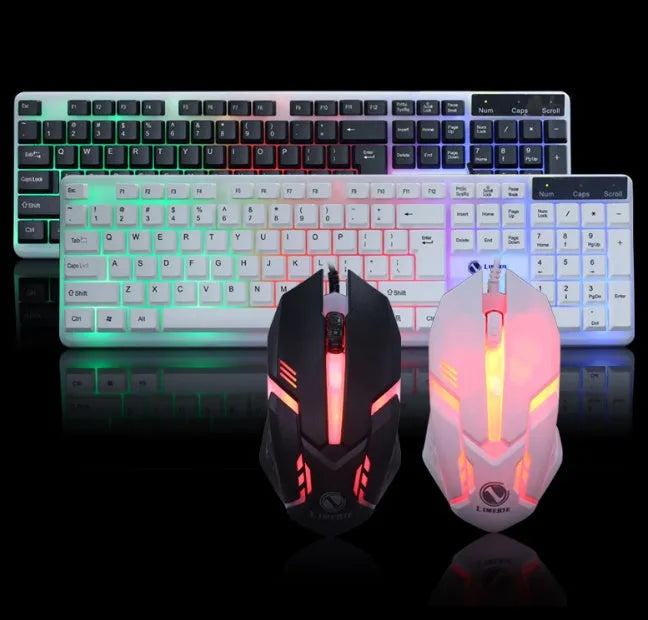 Black wired keyboard and mouse set with 104 keys floating keycaps and USB cables