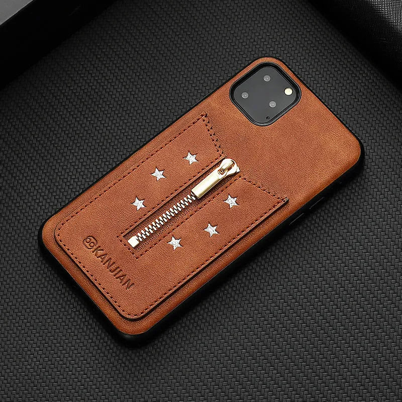 Black PU leather zipper phone case for iPhone showing anti-fingerprint finish and closed zip.