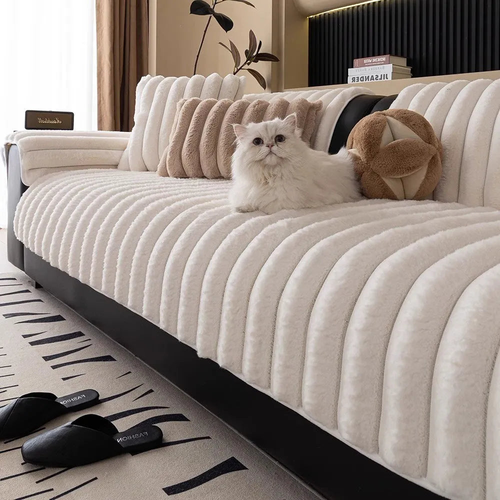 Striped rabbit plush thickening sofa cushion in dark gray on a sofa with antislip flannel surface