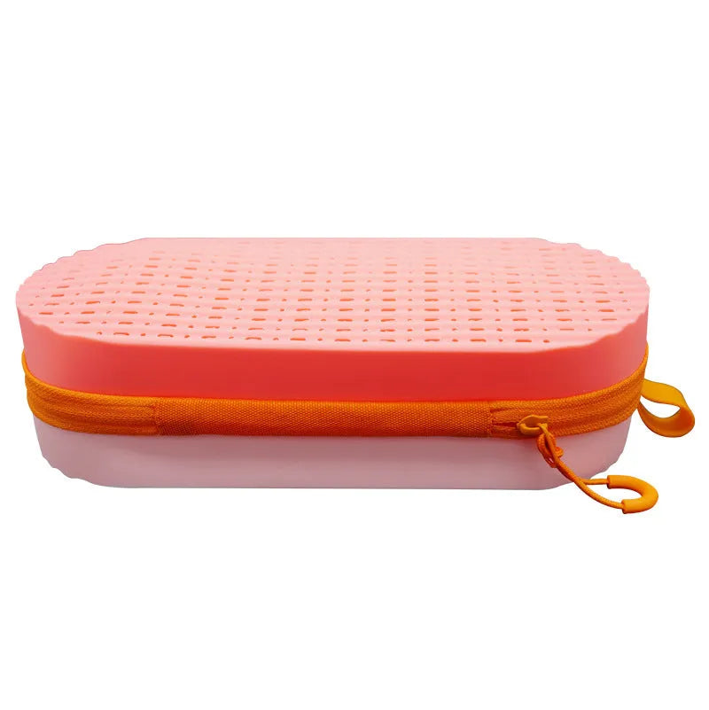 Silicone glasses case with long handle in assorted colours including black and rose red.