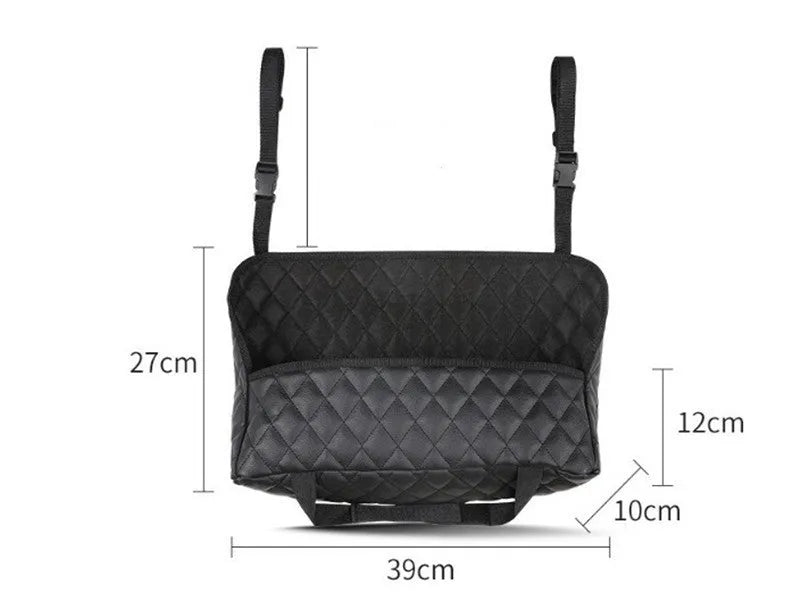 Nylon car seat storage net pocket 27x39x10cm in black, fitted between front seats