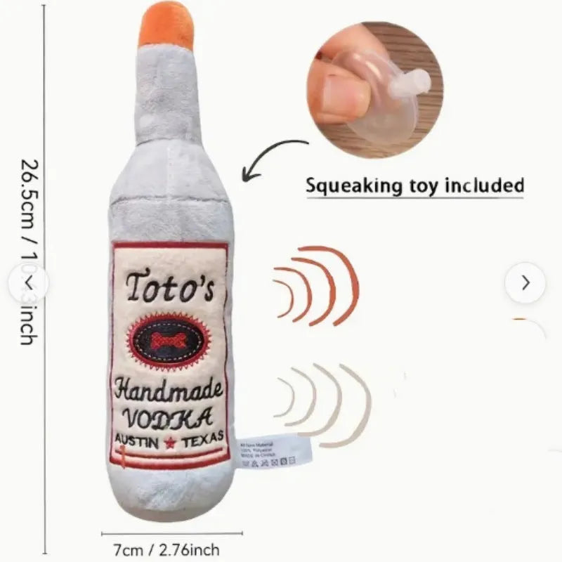 Brown plush dog toy shaped like a wine bottle with textured surfaces and a squeaker.