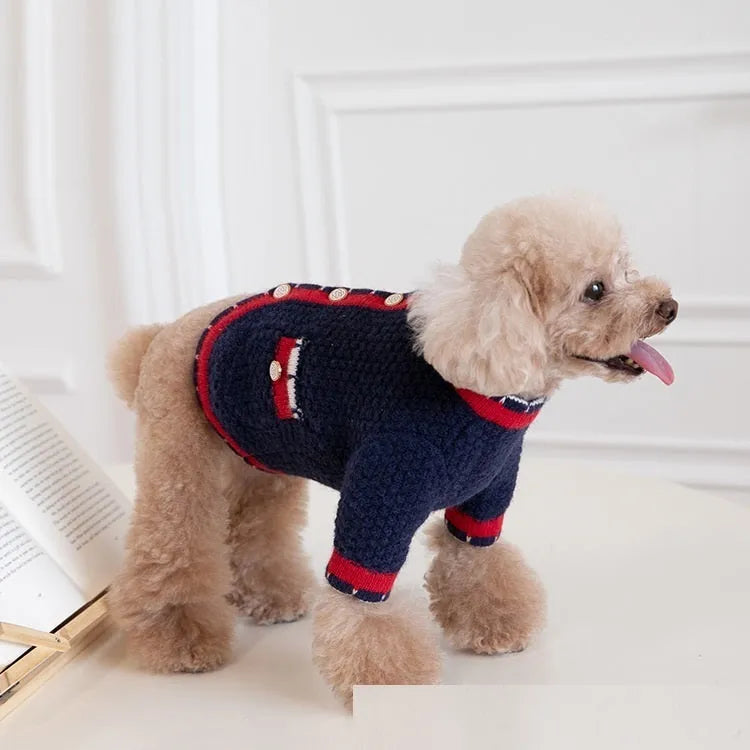 Blue wool blend dog cardigan in classic princess style shown on mannequin