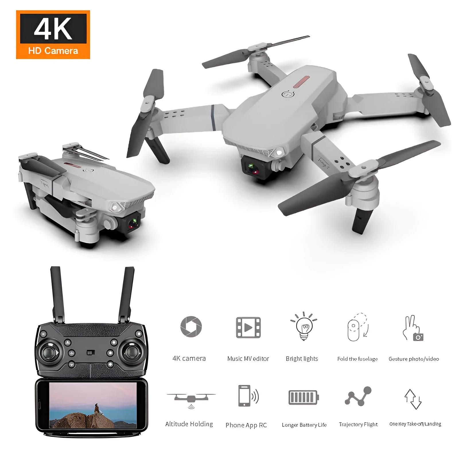 Grey foldable 4K dual camera aerial drone with remote control
