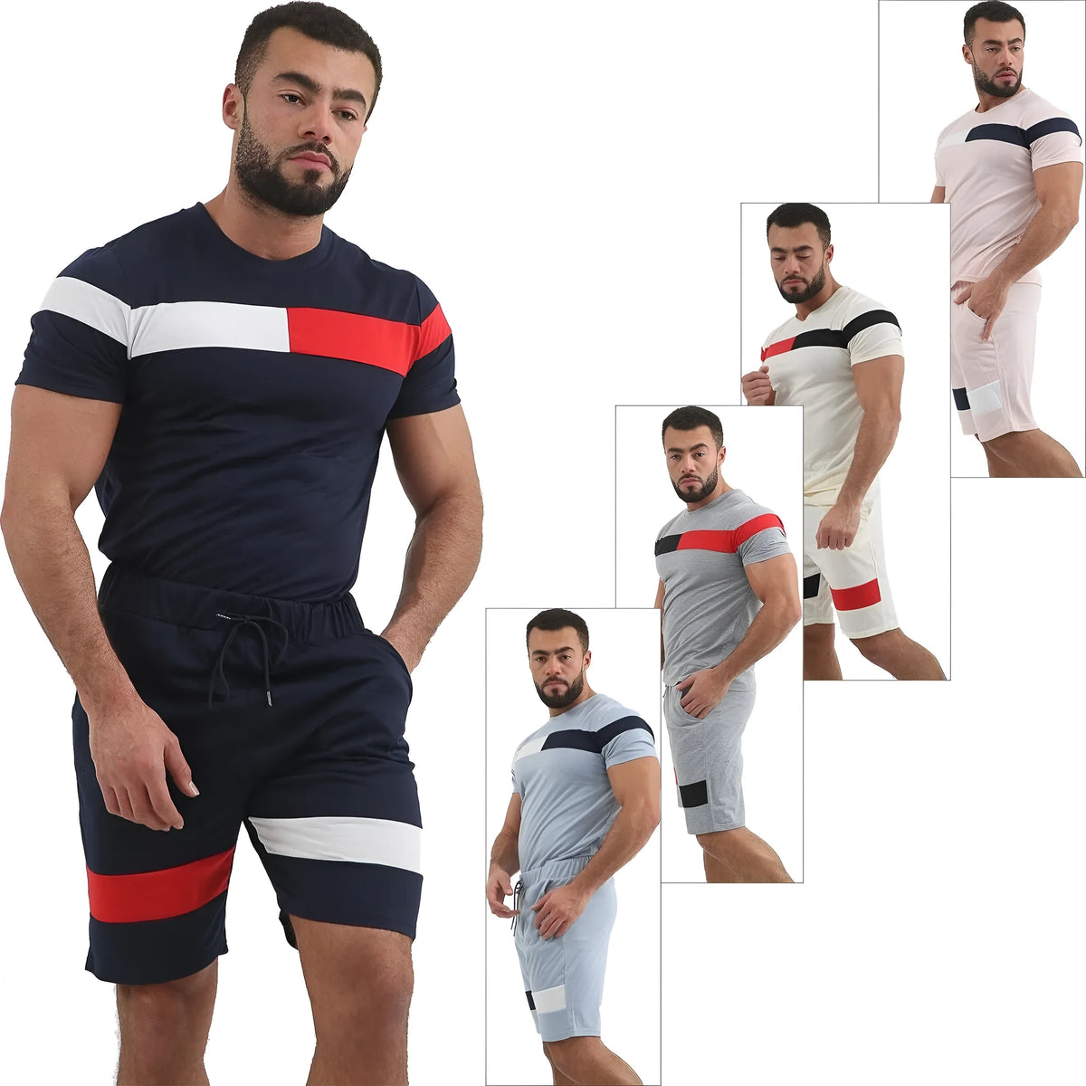 Short-sleeved cotton fitness suit with T-shirt and shorts in beige, dark blue, grey or sky blue, sizes M to 3XL