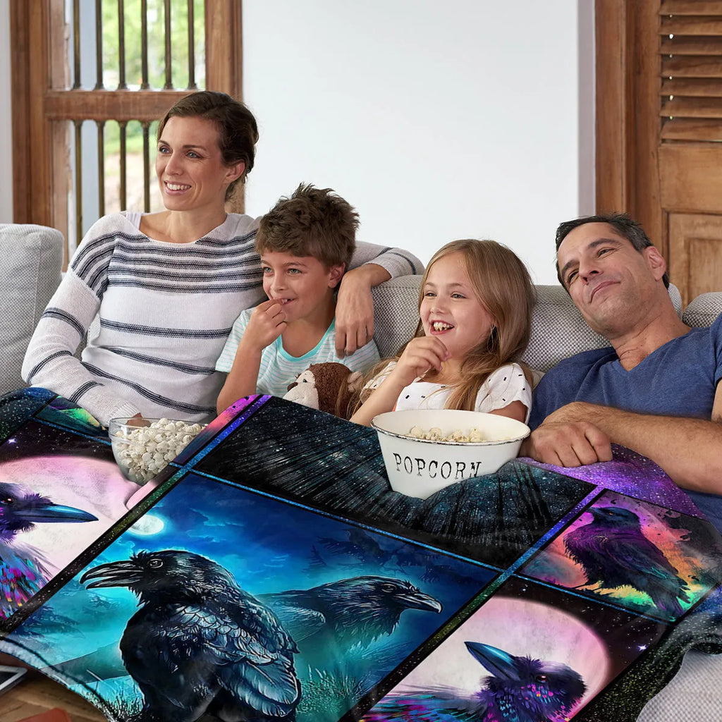 Multicoloured flannel velvet blanket with raven print, three size options, hemmed edges for durability