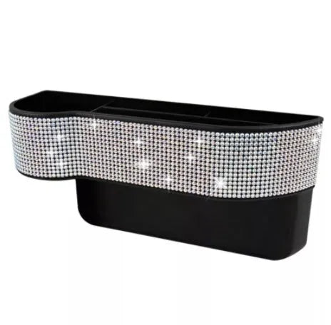 Diamond-studded car seat storage box in white, made from ABS and microfiber leather, 26.2cm x 12.5cm, for GM models