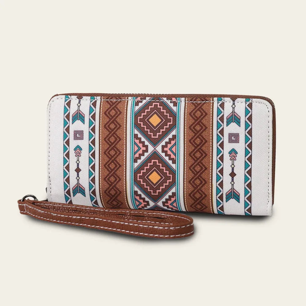 Bohemian striped canvas RFID wallet showing anti-theft card protection features