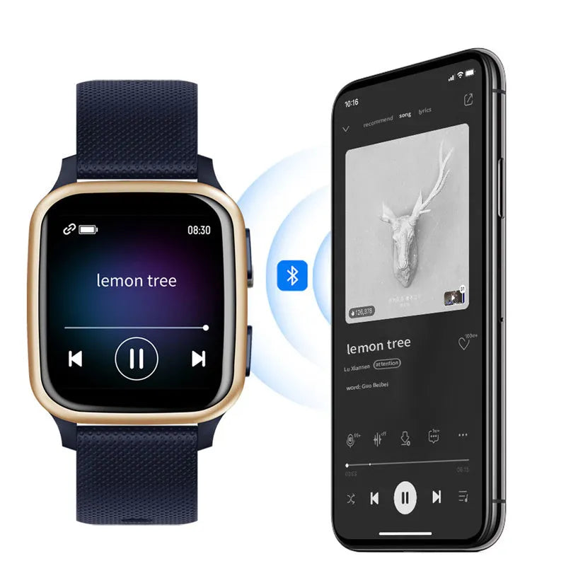 Aluminium alloy smart watch on wrist showing Bluetooth call and heart rate monitoring functions.