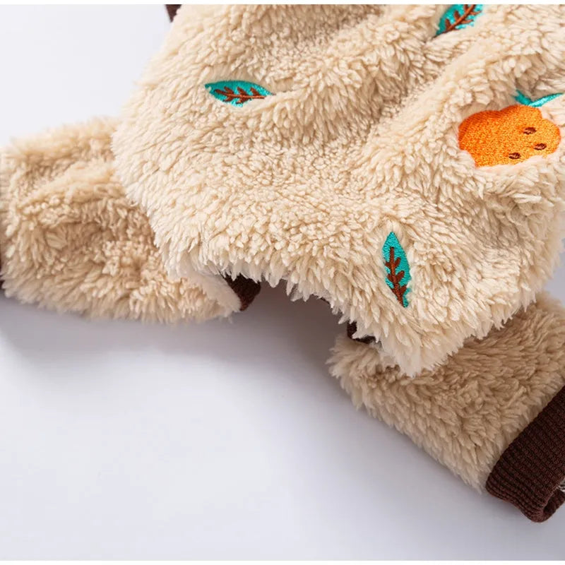 Brown fleece dog onesie with orange fruit embroidery on the back, four-legged design for small medium pets