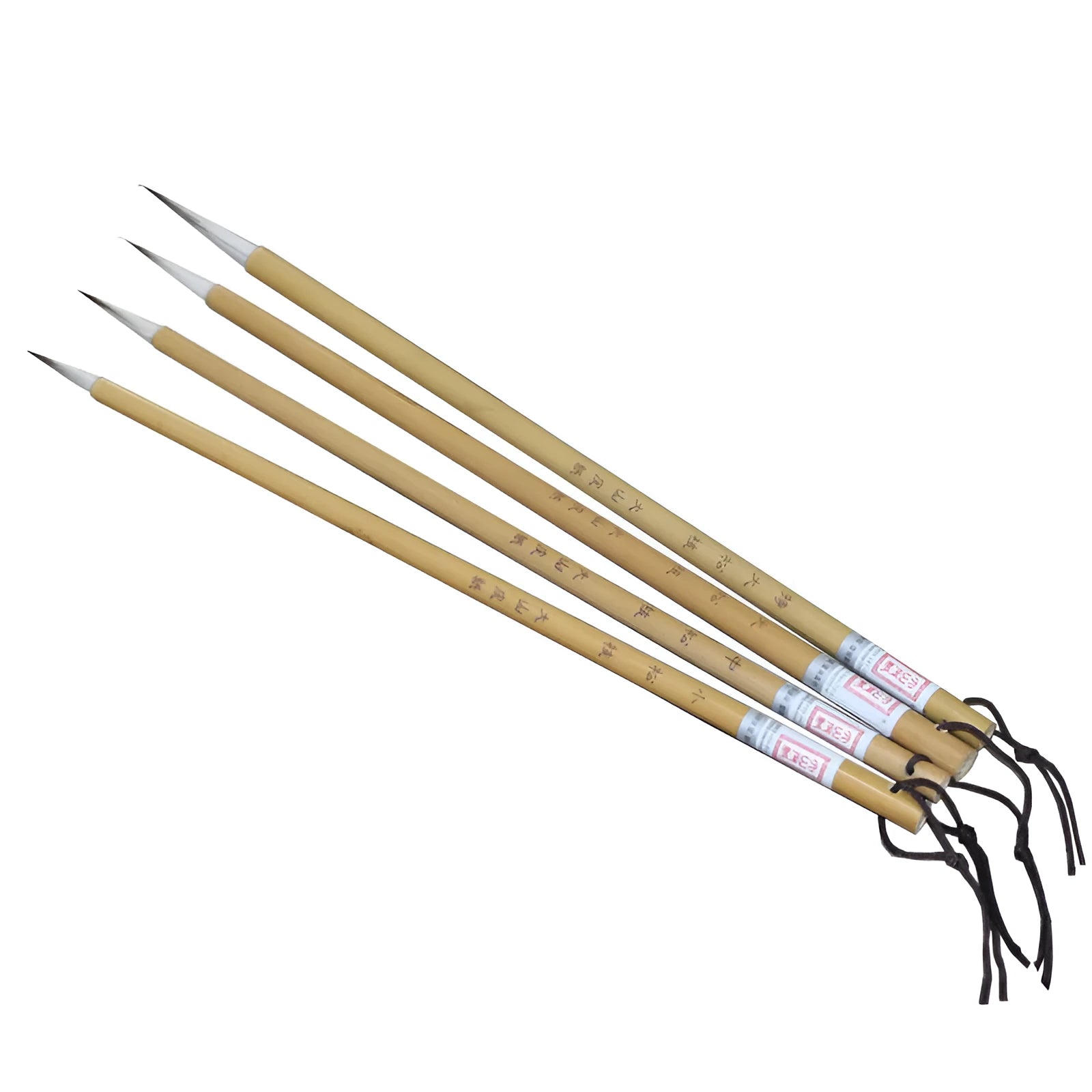 Four Chinese calligraphy brushes with mixed wolf wool and goat hair bristles on gold lacquer wooden bodies