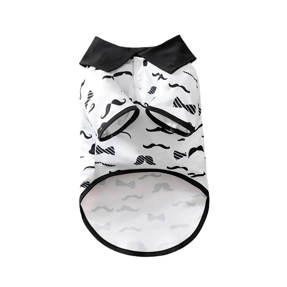White gentleman beard dog clothes on small canine showing beard detail and polyester fabric