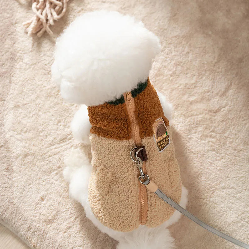 Color-block pet fleece jacket in green brown beige with squirrel patch leash ring and pockets