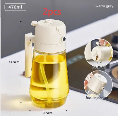 Glass oil sprayer and pour dispenser bottle in beige, yellow, green, or black with ergonomic handle.