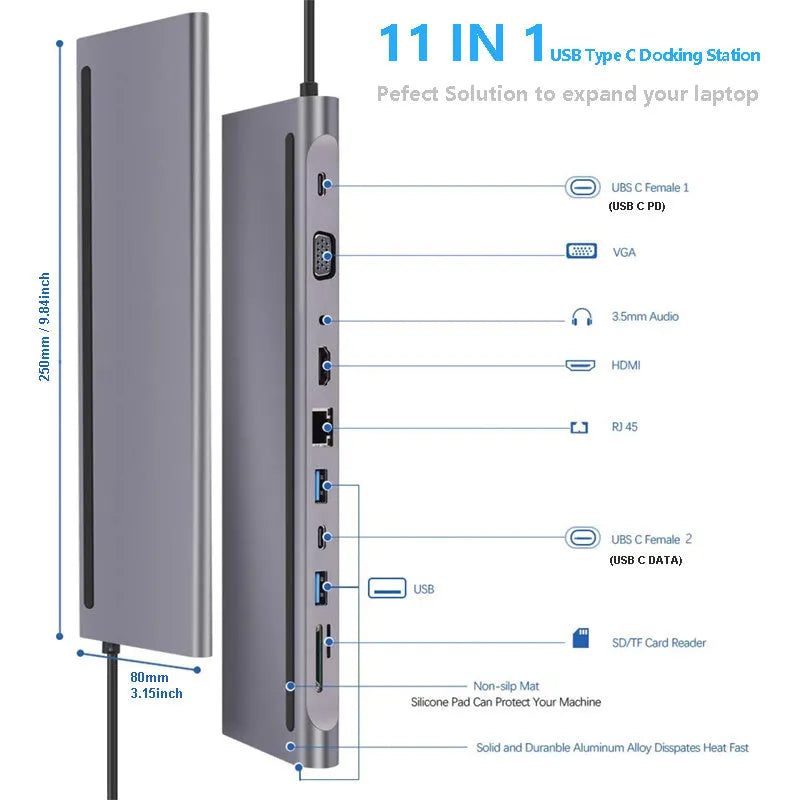 11-in-1 multifunctional docking station hub with USB 3.0 transmission rate and no external power supply in photo colour