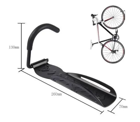 Black steel mountain bike wall rack with sponge-protected hook, measuring 260x130x70mm, loaded with a mountain bike