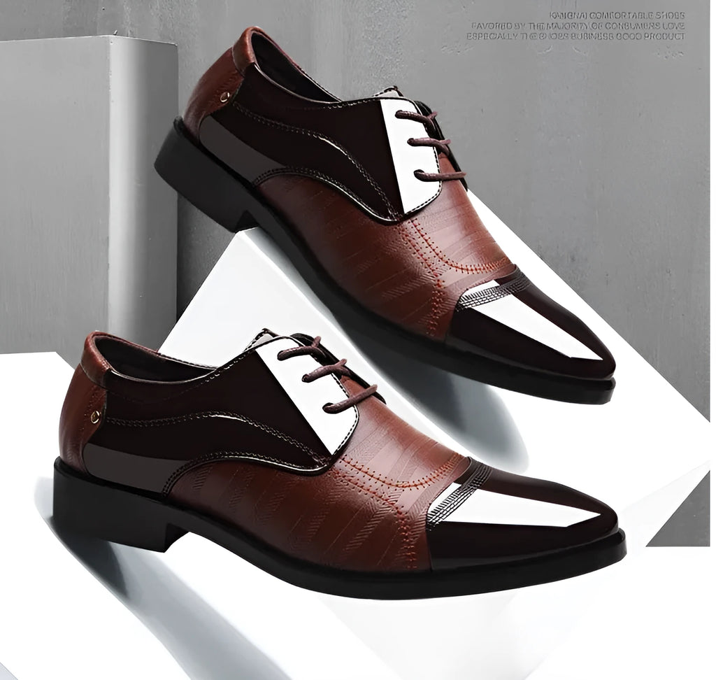 Men's black pointed toe low top business dress shoes with artificial PU upper and rubber sole